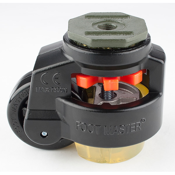 Leveling Caster, 75 mm Nylon Wheel, M16x2.0P Stem, Swivel, 800 kg Cap, PU Foot Pad, Black